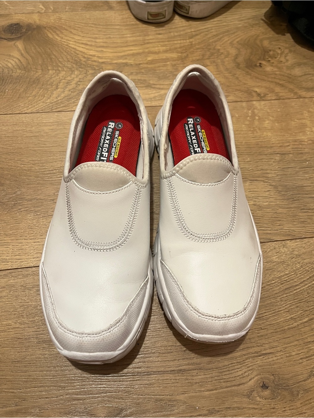 Skechers White Slip-On Sneakers with Burgundy Insole work shoes